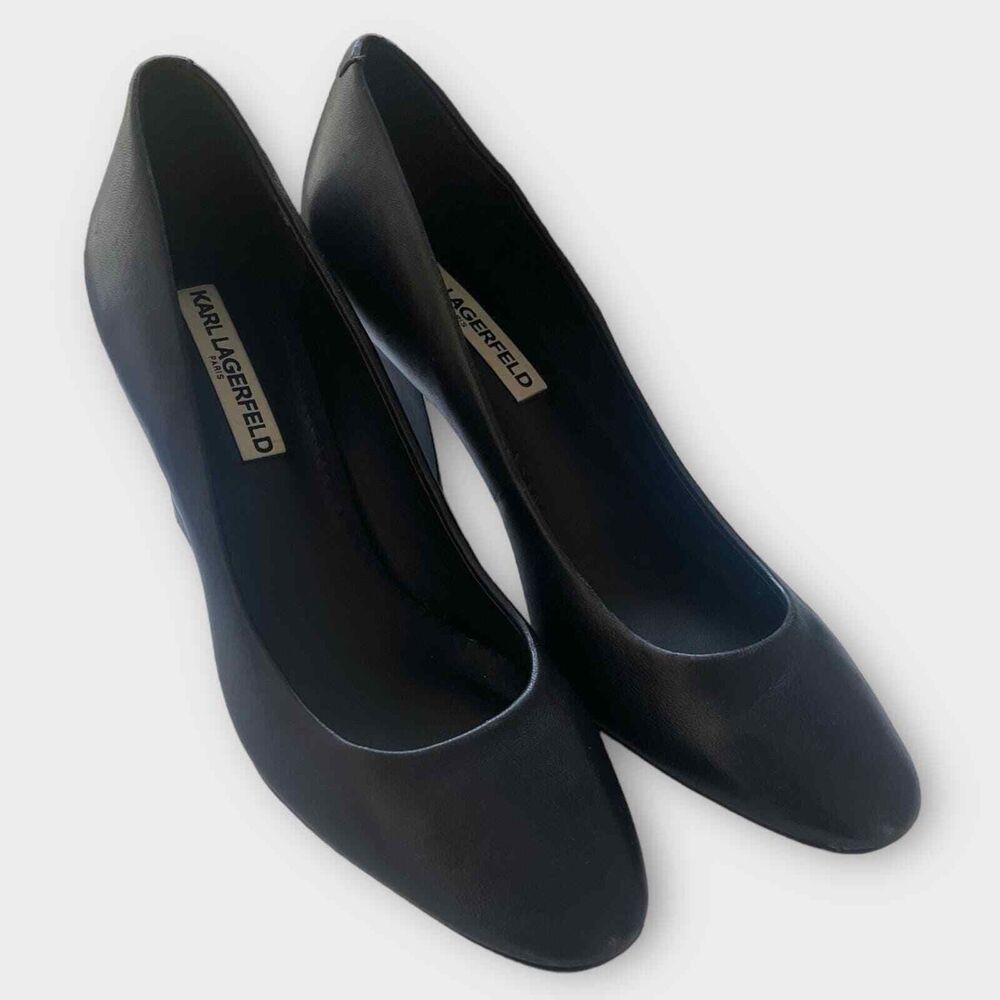 Karl Lagerfeld Paris Black Leather Pumps Sz 8 Chic with Mirror Detail Office